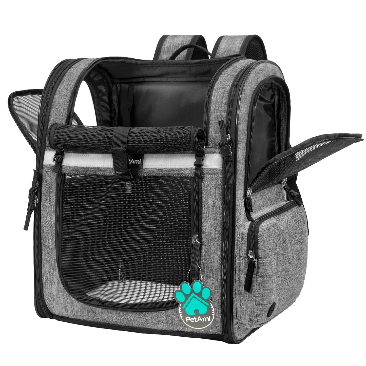 PetAmi Dog and  Cat Backpack Carrier for Cats, 4-Way Entry Ventilated, 18lbs Max | Sherpa Bed Included, Foldable Load-In Top, Safety Reflective Strap, Breathable Mesh, Poop Bag Dispenser, Padded Back Support