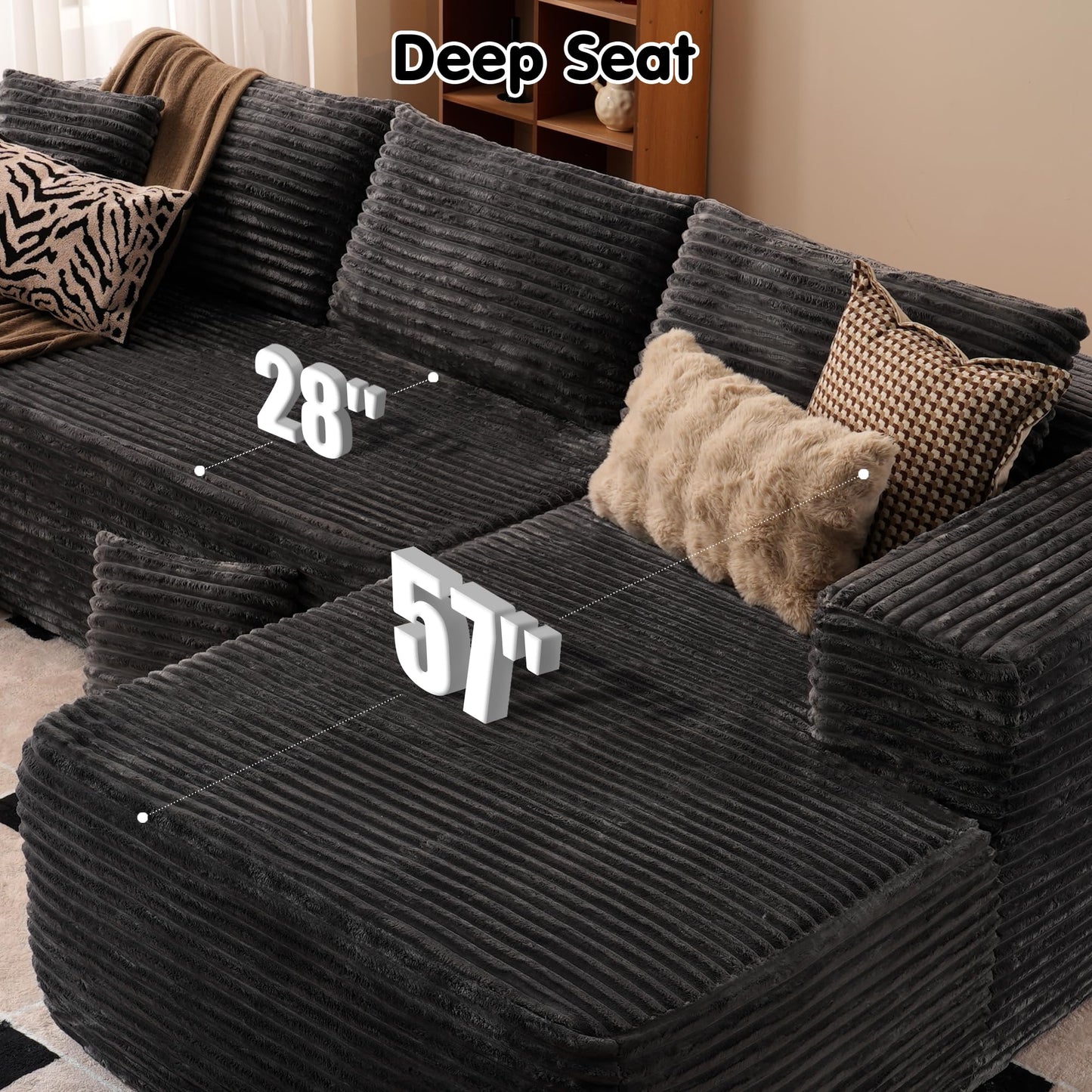 ovios 104" Cloud Sectional Couch with L-Shape Chaise,Modern Modular Sofa with Deep Seat, Upholstered Couches for Living Room Bedroom,No Assembly Required, Black (Corduroy Fabric)