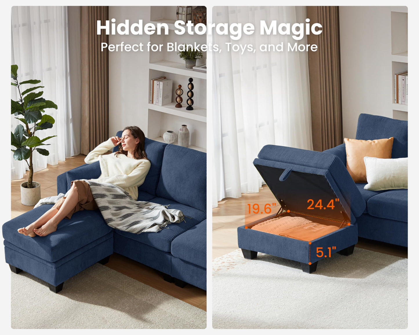 CHIC HOUSE Corduroy Modular Sectional Couch with Ottoman Chaise, L Shaped 4-seat Sofa for Living Room, Apartment, Lounge, Modern Armrest Neck Support Furniture