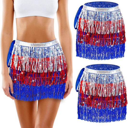 Mepase 2 Pcs 4th of July Skirt Patriotic Sequin Tassel Skirts Belly Dance Fringe Hip Scarf Boho Women's Wrap Rave Costume for Women Girls Performance Outfit Festival Carnival Party Favors Multicolor