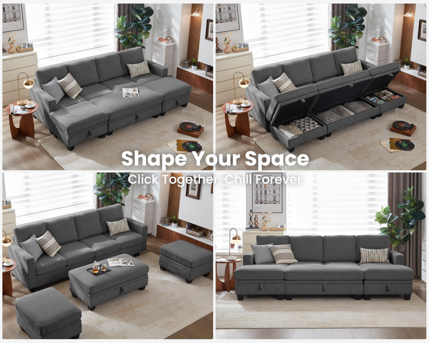 CHIC HOUSE Corduroy Modular Sectional Couch with Ottoman Chaise, L Shaped 4-seat Sofa for Living Room, Apartment, Lounge, Modern Armrest Neck Support Furniture
