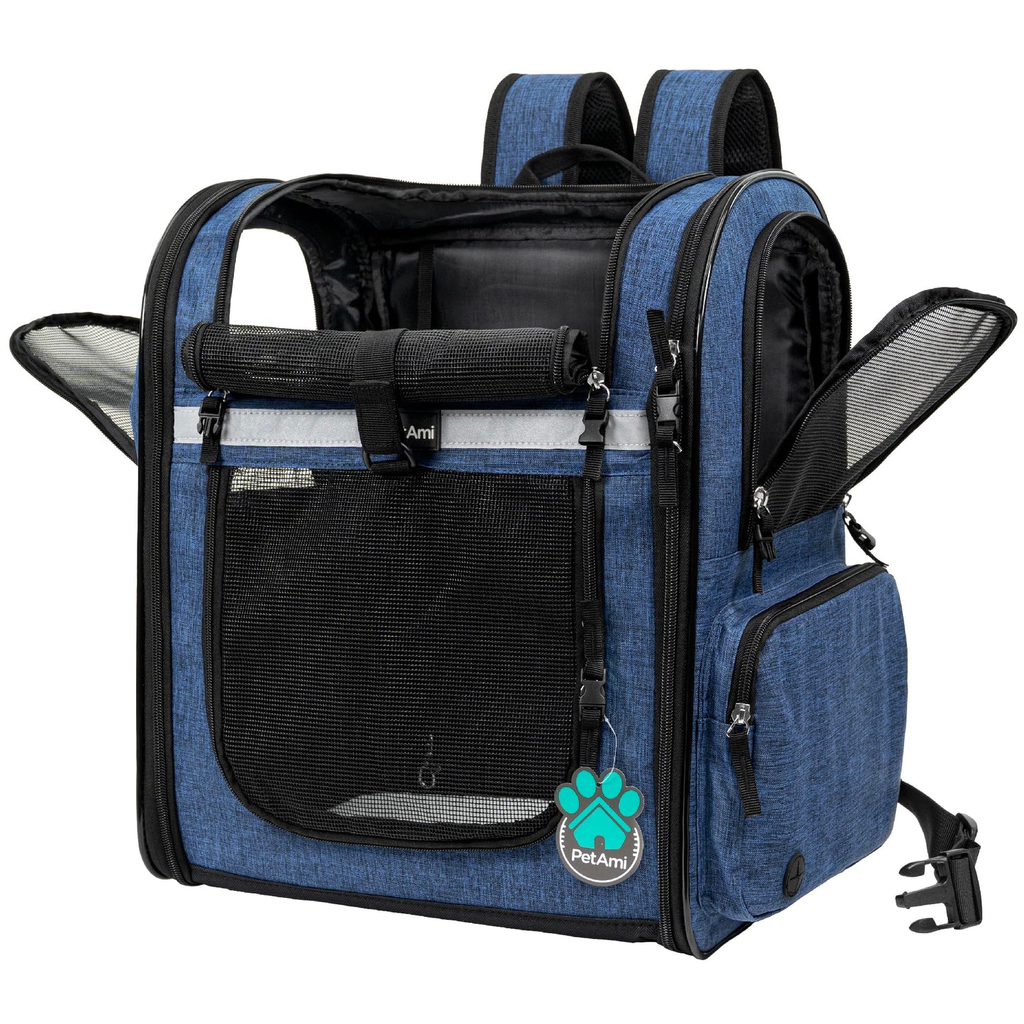 PetAmi Dog and  Cat Backpack Carrier for Cats, 4-Way Entry Ventilated, 18lbs Max | Sherpa Bed Included, Foldable Load-In Top, Safety Reflective Strap, Breathable Mesh, Poop Bag Dispenser, Padded Back Support