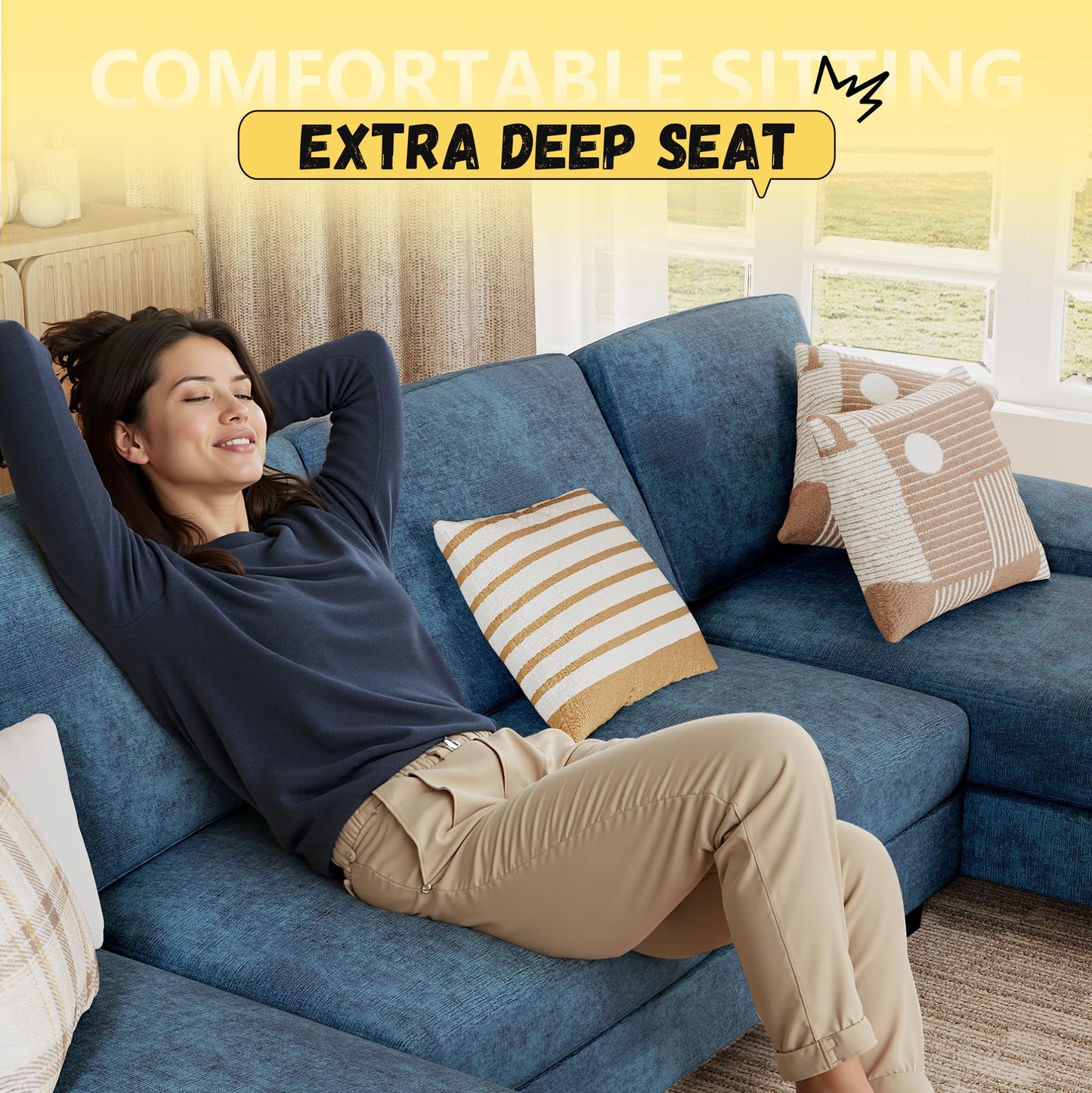 JUMMICO Sectional Couches for Living Room, U Shaped Couch with Chenille Fabric, 4 Seat Modern Sofa with Removable Pillows for Apartment and Small Space (Corduroy, Beige)