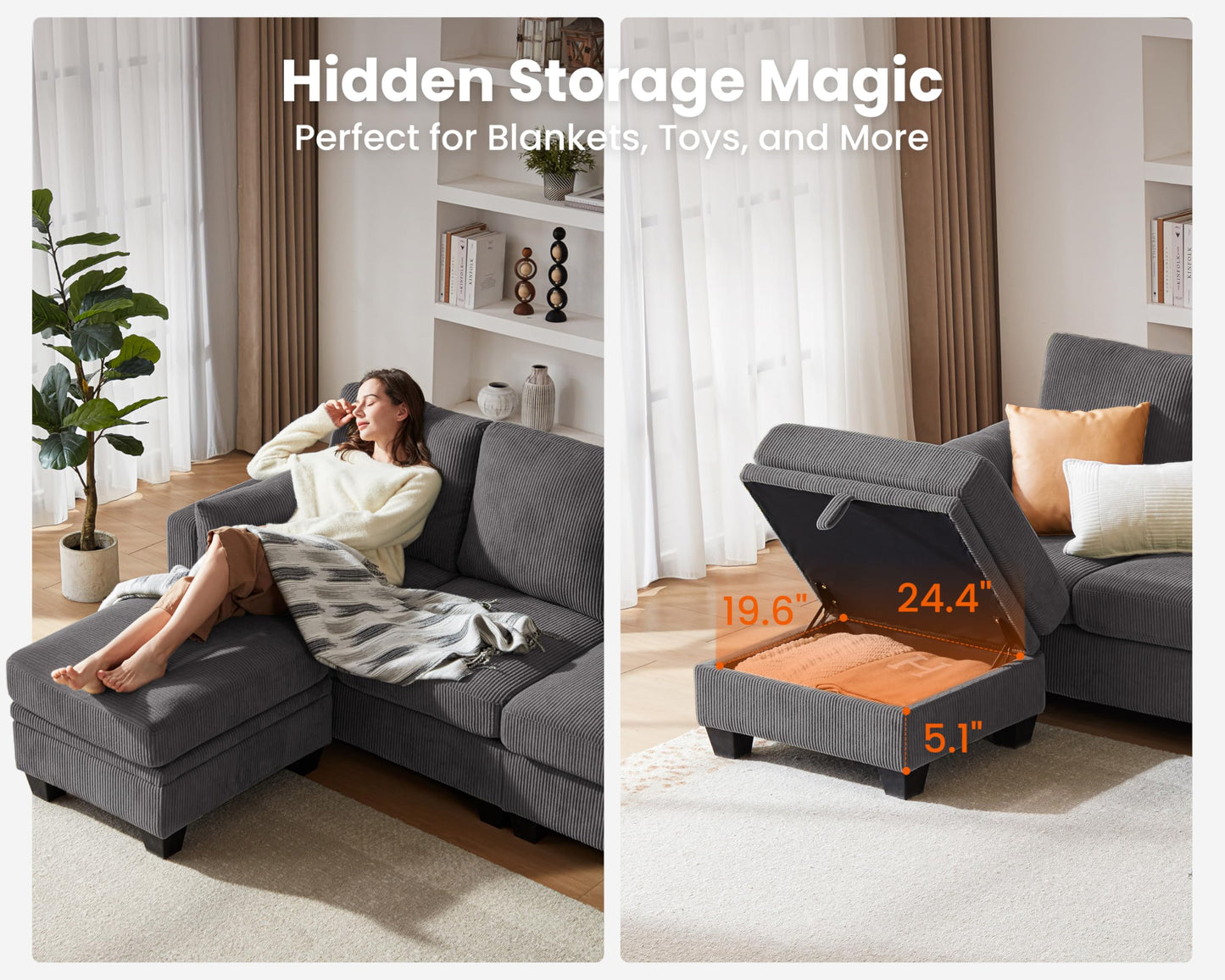 CHIC HOUSE Corduroy Modular Sectional Couch with Ottoman Chaise, L Shaped 4-seat Sofa for Living Room, Apartment, Lounge, Modern Armrest Neck Support Furniture