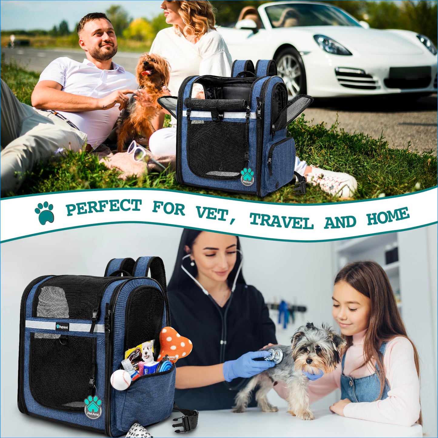 PetAmi Dog and  Cat Backpack Carrier for Cats, 4-Way Entry Ventilated, 18lbs Max | Sherpa Bed Included, Foldable Load-In Top, Safety Reflective Strap, Breathable Mesh, Poop Bag Dispenser, Padded Back Support