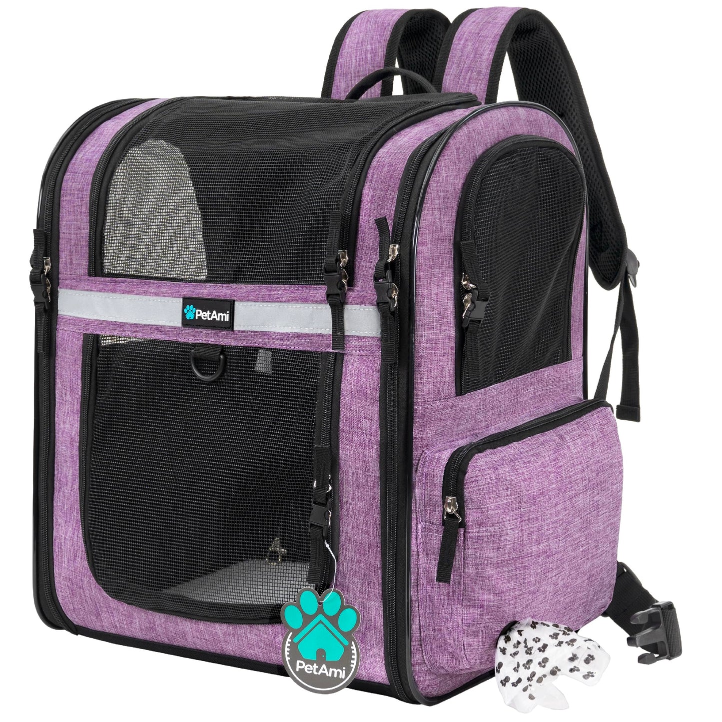 PetAmi Dog and  Cat Backpack Carrier for Cats, 4-Way Entry Ventilated, 18lbs Max | Sherpa Bed Included, Foldable Load-In Top, Safety Reflective Strap, Breathable Mesh, Poop Bag Dispenser, Padded Back Support