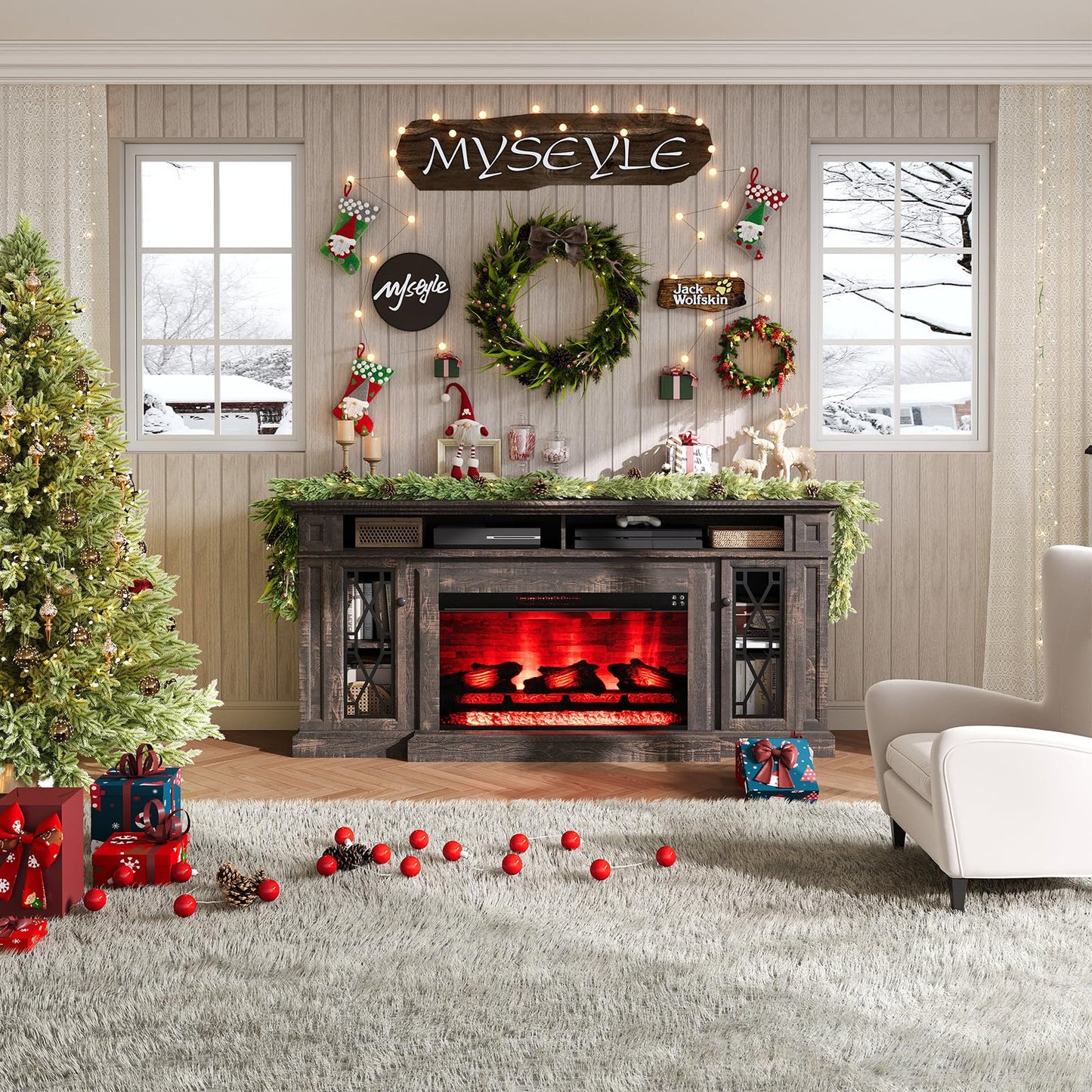 AMERLIFE 70" Farmhouse Heavy Fireplace TV Stand with 33" Electric Fireplace, for 80" TVs up, Media Entertainment Center with Diamond Door, TV Console Storage Cabinet for Living Room, White & Barnwood