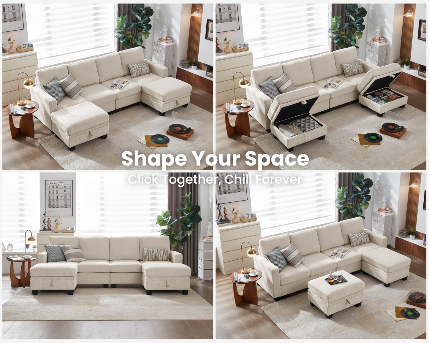 CHIC HOUSE Corduroy Modular Sectional Couch with Ottoman Chaise, L Shaped 4-seat Sofa for Living Room, Apartment, Lounge, Modern Armrest Neck Support Furniture