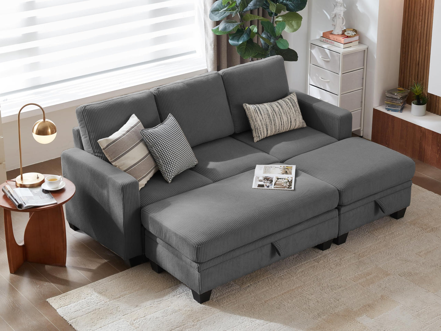 CHIC HOUSE Corduroy Modular Sectional Couch with Ottoman Chaise, L Shaped 4-seat Sofa for Living Room, Apartment, Lounge, Modern Armrest Neck Support Furniture