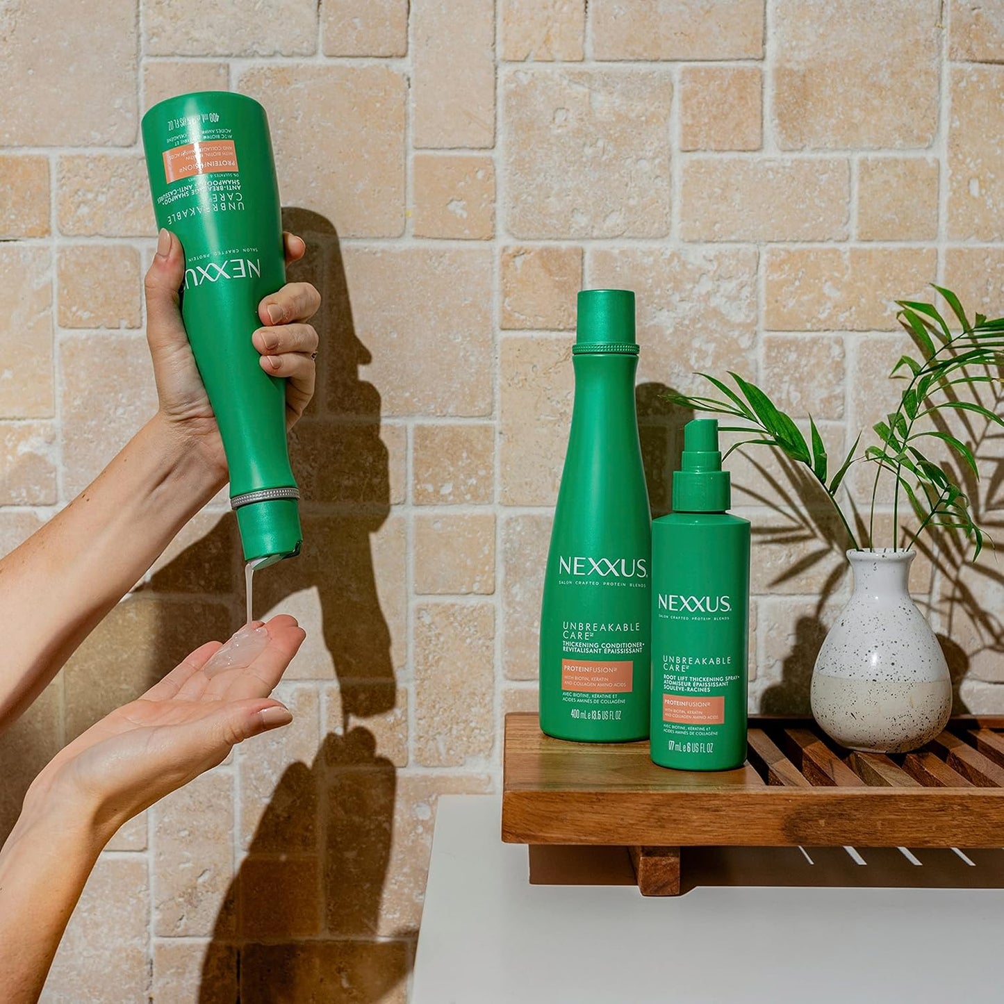 नेक्सस अनब्रेकेबल केयर शैम्पू कंडीशनर और लीव-इन स्प्रे 3 पैक पतले और महीन बालों के लिए केराटिन कोलेजन बायोटिन के साथ 13.5 औंस 6 औंस 