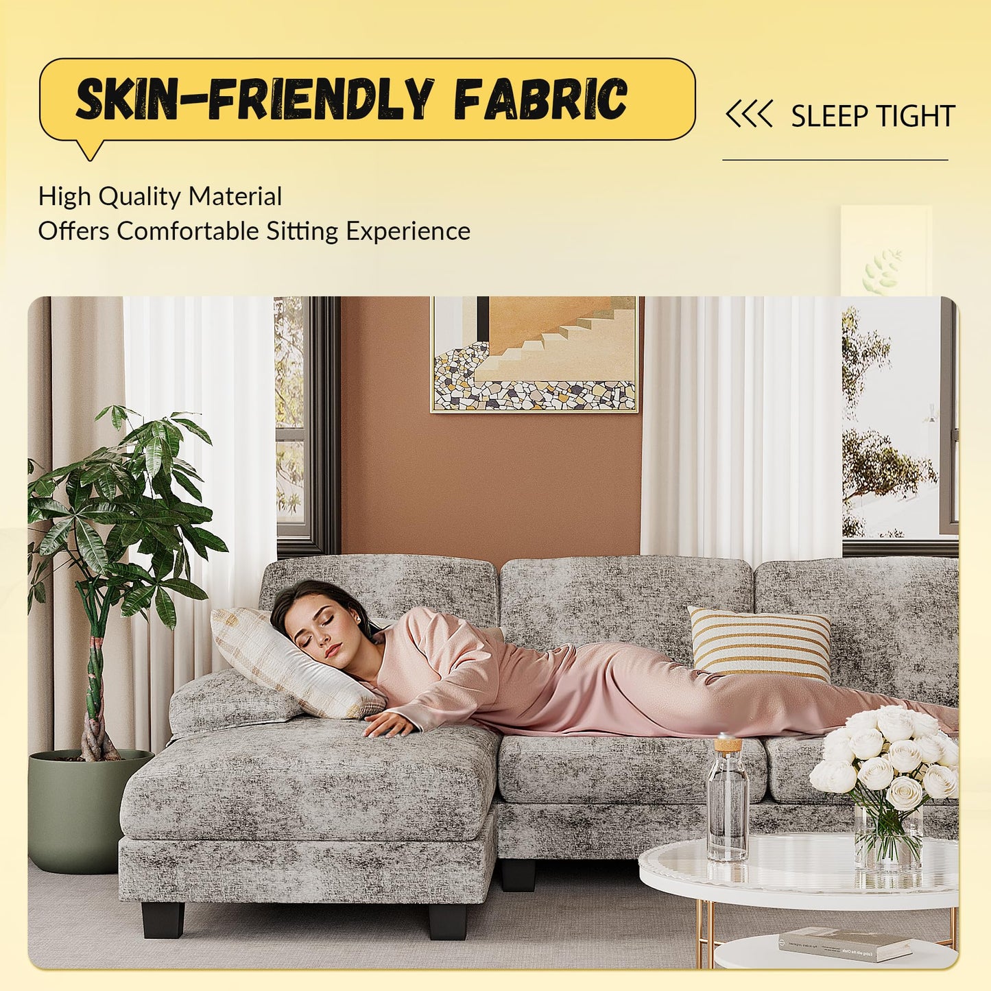 JUMMICO Sectional Couches for Living Room, U Shaped Couch with Chenille Fabric, 4 Seat Modern Sofa with Removable Pillows for Apartment and Small Space (Corduroy, Beige)