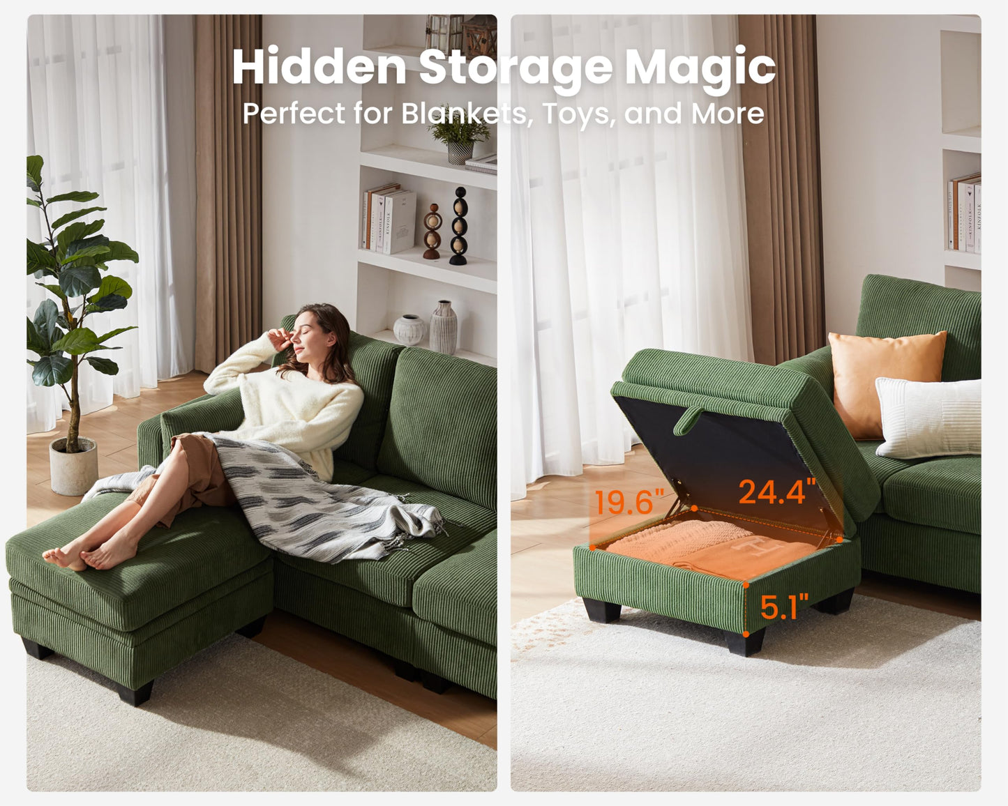 CHIC HOUSE Corduroy Modular Sectional Couch with Ottoman Chaise, L Shaped 4-seat Sofa for Living Room, Apartment, Lounge, Modern Armrest Neck Support Furniture