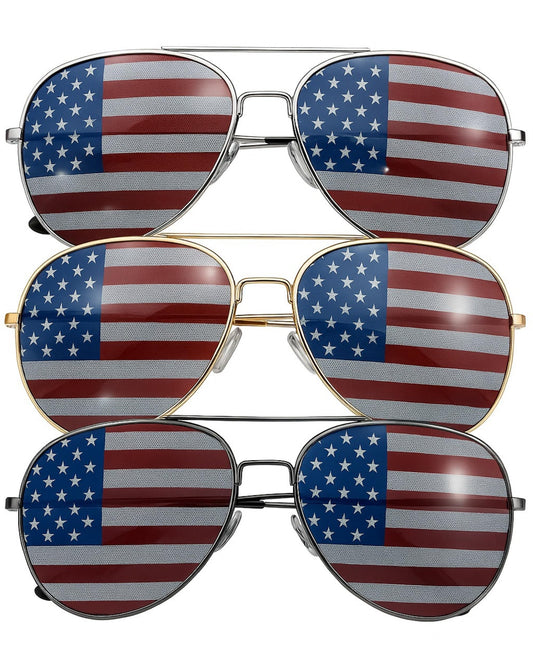 grinderPUNCH 3 Pack Bulk USA America Glasses - American Flag Aviator Sunglasses - Assorted Colors