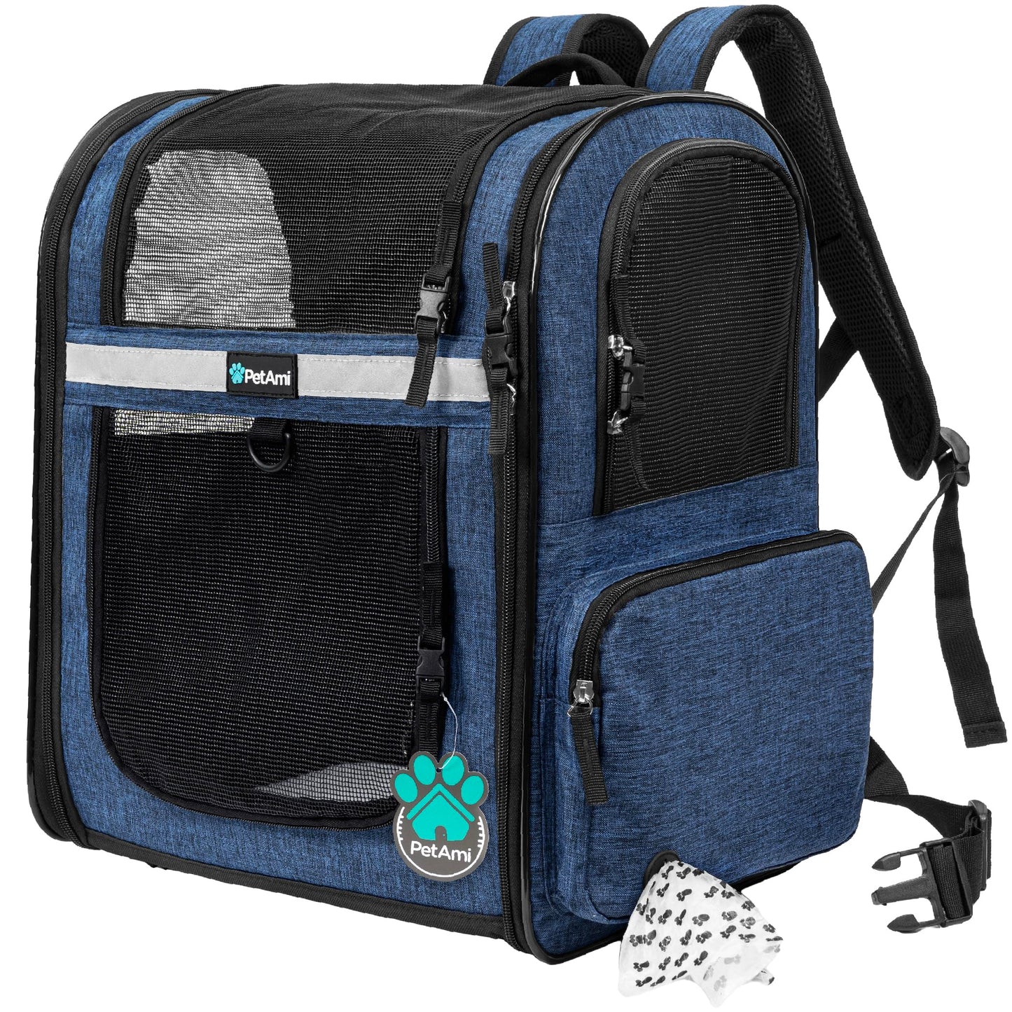 PetAmi Dog and  Cat Backpack Carrier for Cats, 4-Way Entry Ventilated, 18lbs Max | Sherpa Bed Included, Foldable Load-In Top, Safety Reflective Strap, Breathable Mesh, Poop Bag Dispenser, Padded Back Support