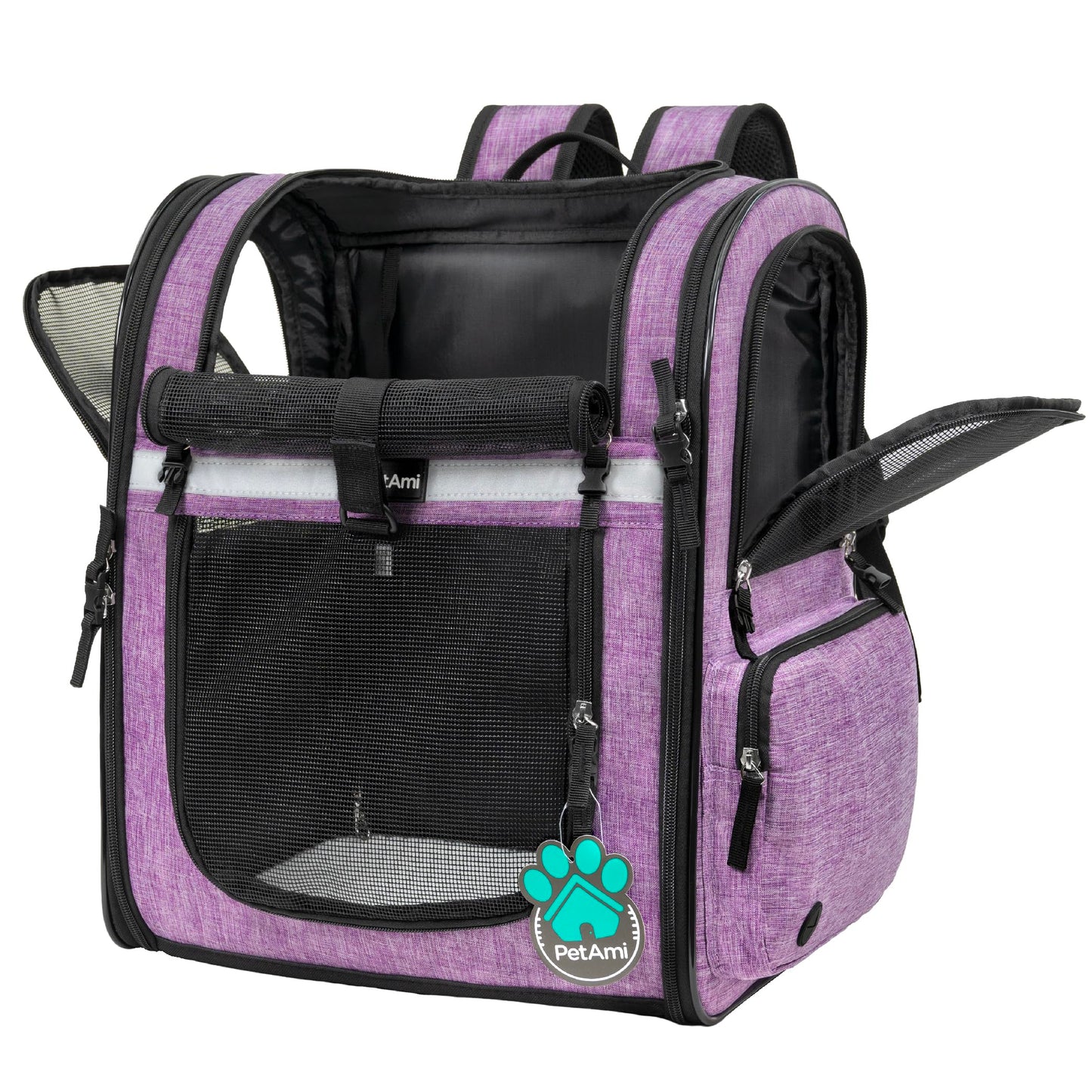 PetAmi Dog and  Cat Backpack Carrier for Cats, 4-Way Entry Ventilated, 18lbs Max | Sherpa Bed Included, Foldable Load-In Top, Safety Reflective Strap, Breathable Mesh, Poop Bag Dispenser, Padded Back Support