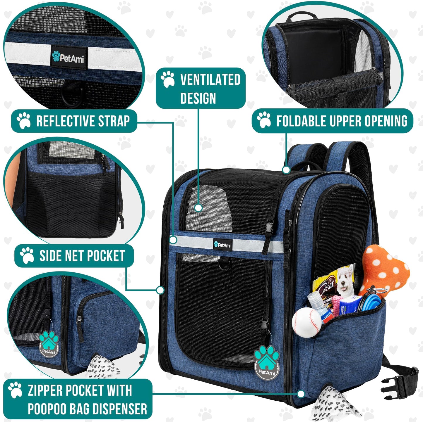PetAmi Dog and  Cat Backpack Carrier for Cats, 4-Way Entry Ventilated, 18lbs Max | Sherpa Bed Included, Foldable Load-In Top, Safety Reflective Strap, Breathable Mesh, Poop Bag Dispenser, Padded Back Support