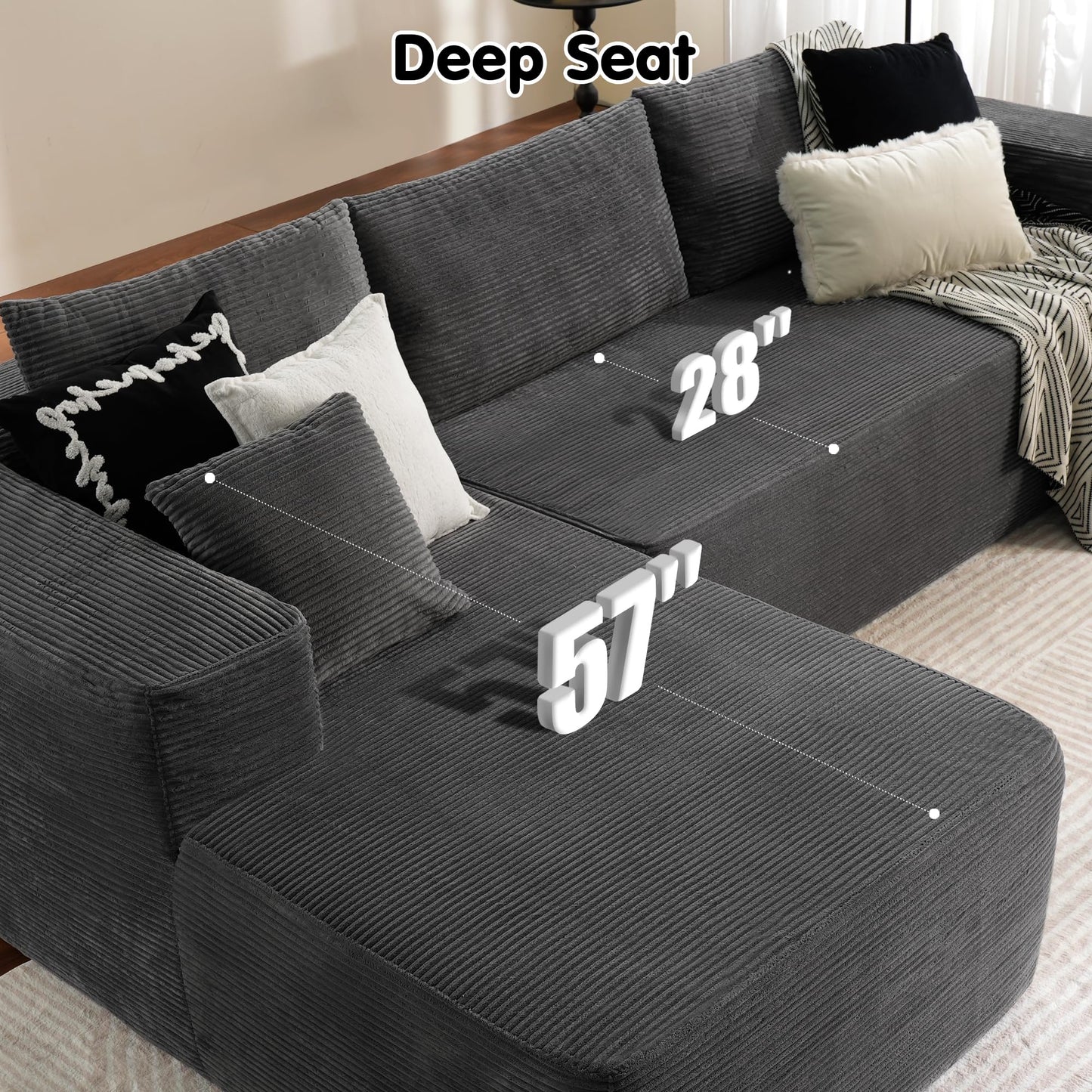 ovios 104" Cloud Sectional Couch with L-Shape Chaise,Modern Modular Sofa with Deep Seat, Upholstered Couches for Living Room Bedroom,No Assembly Required, Black (Corduroy Fabric)