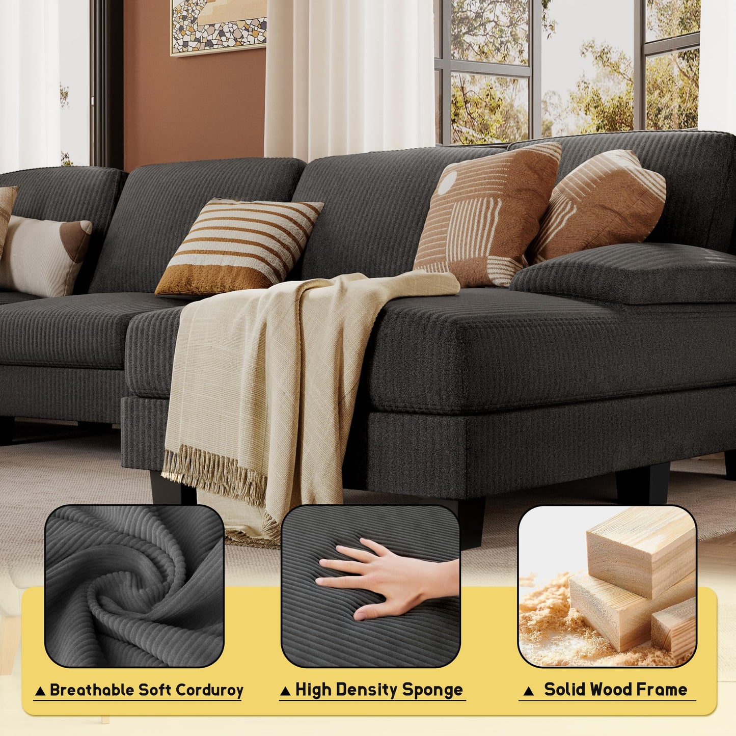 JUMMICO Sectional Couches for Living Room, U Shaped Couch with Chenille Fabric, 4 Seat Modern Sofa with Removable Pillows for Apartment and Small Space (Corduroy, Beige)