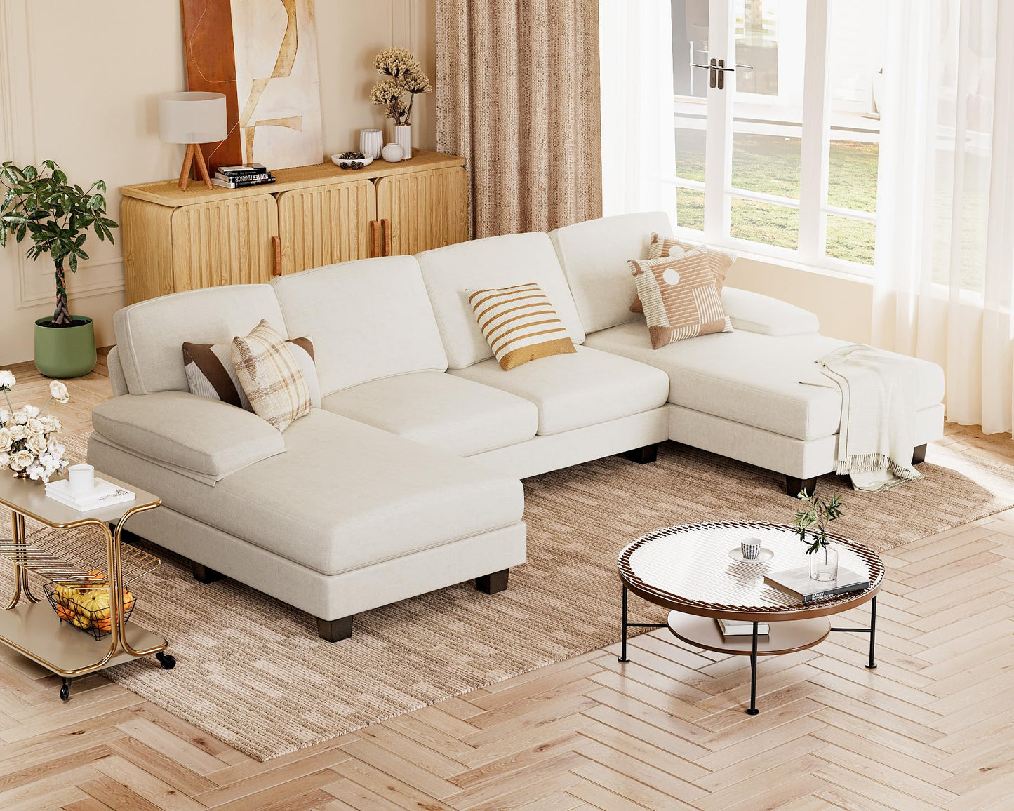 JUMMICO Sectional Couches for Living Room, U Shaped Couch with Chenille Fabric, 4 Seat Modern Sofa with Removable Pillows for Apartment and Small Space (Corduroy, Beige)