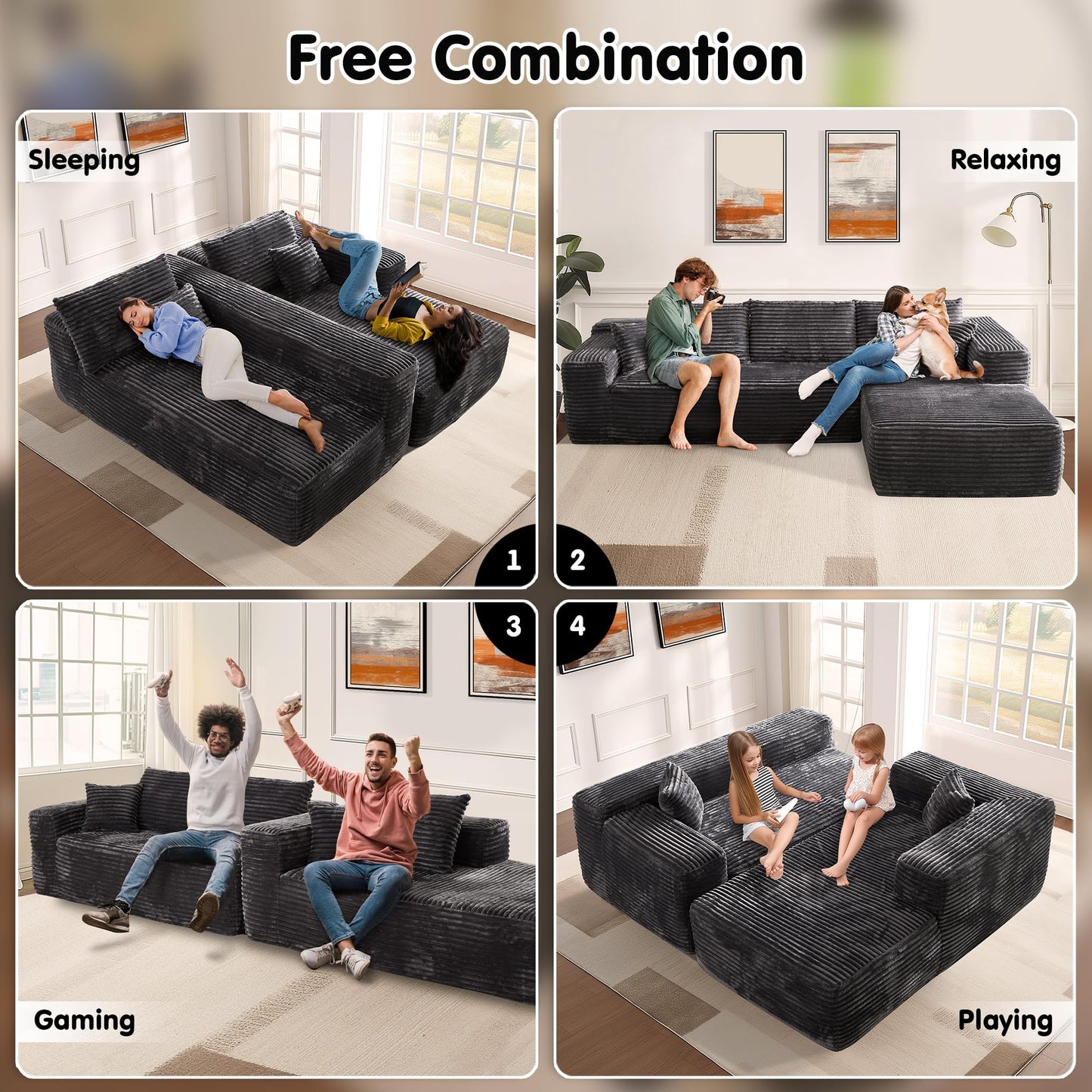 ovios 104" Cloud Sectional Couch with L-Shape Chaise,Modern Modular Sofa with Deep Seat, Upholstered Couches for Living Room Bedroom,No Assembly Required, Black (Corduroy Fabric)