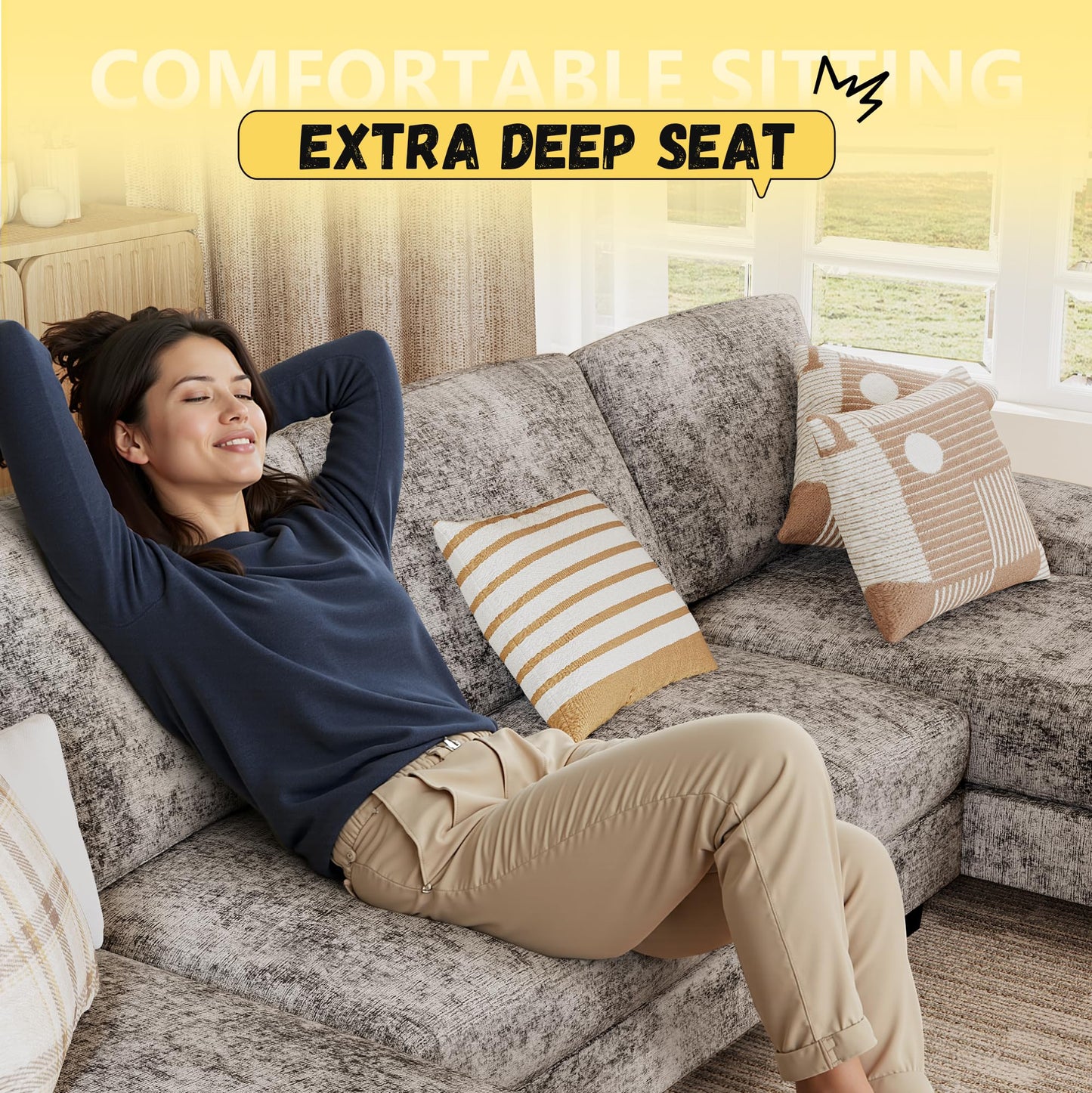 JUMMICO Sectional Couches for Living Room, U Shaped Couch with Chenille Fabric, 4 Seat Modern Sofa with Removable Pillows for Apartment and Small Space (Corduroy, Beige)