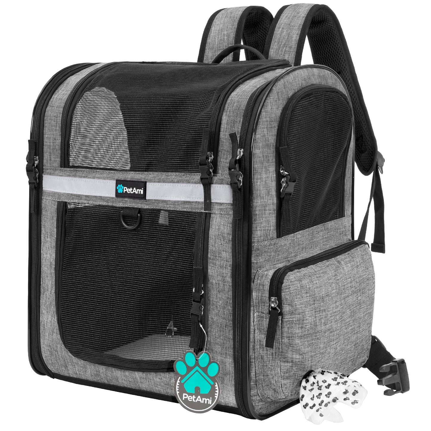 PetAmi Dog and  Cat Backpack Carrier for Cats, 4-Way Entry Ventilated, 18lbs Max | Sherpa Bed Included, Foldable Load-In Top, Safety Reflective Strap, Breathable Mesh, Poop Bag Dispenser, Padded Back Support