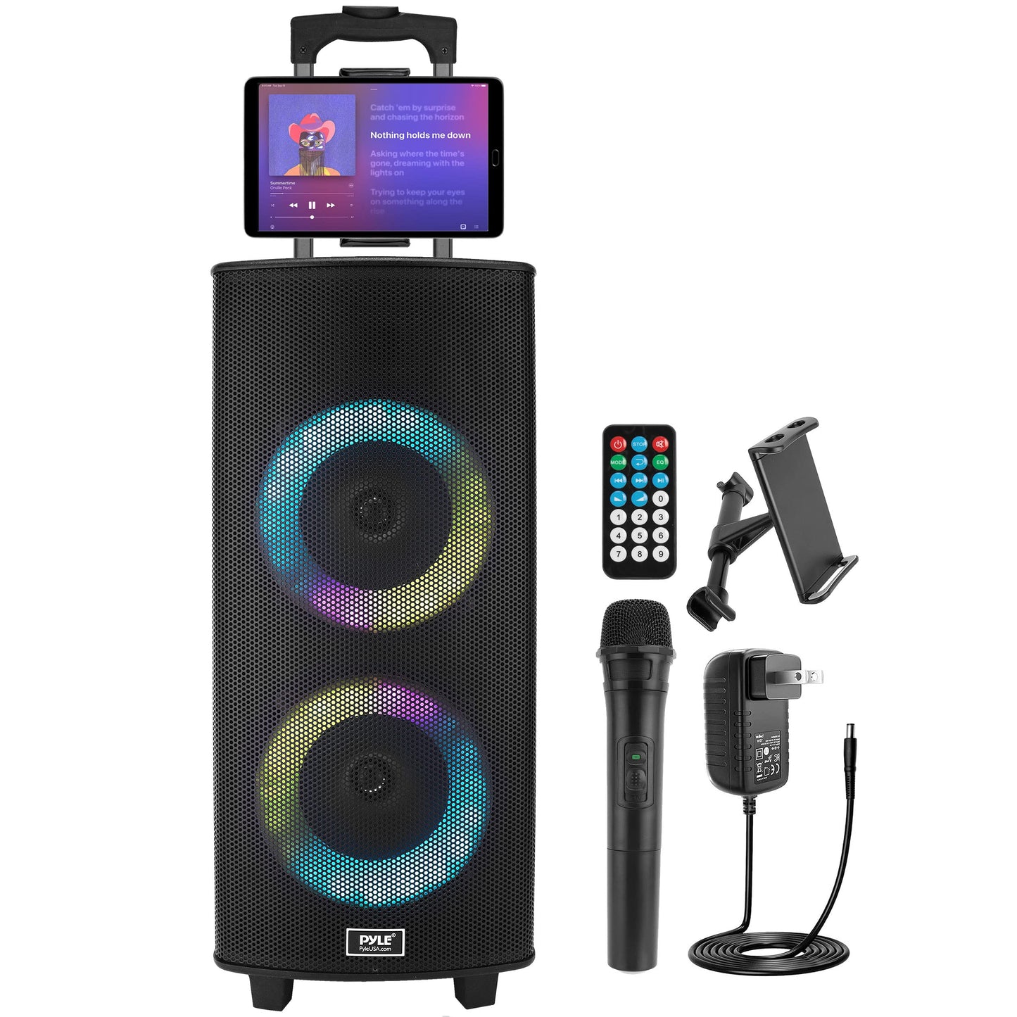Pyle Portable Bluetooth PA Speaker System - 700W Dual 8” Rechargeable Speaker, TWS, Party Light, LED Display, FM/AUX/MP3/USB/SD, Wheels, Wireless Mic, Remote Control, Tablet Holder Included