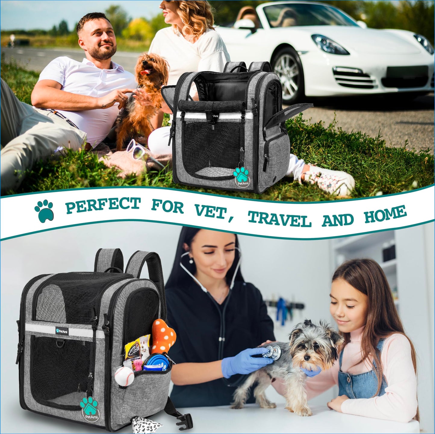 PetAmi Dog and  Cat Backpack Carrier for Cats, 4-Way Entry Ventilated, 18lbs Max | Sherpa Bed Included, Foldable Load-In Top, Safety Reflective Strap, Breathable Mesh, Poop Bag Dispenser, Padded Back Support