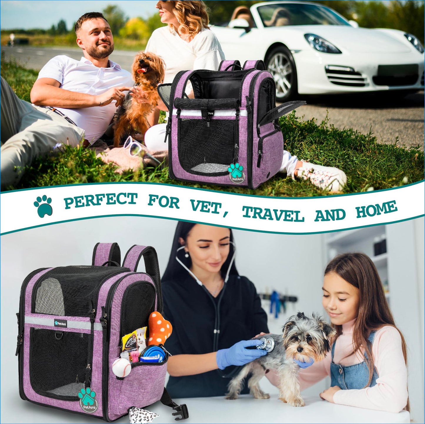 PetAmi Dog and  Cat Backpack Carrier for Cats, 4-Way Entry Ventilated, 18lbs Max | Sherpa Bed Included, Foldable Load-In Top, Safety Reflective Strap, Breathable Mesh, Poop Bag Dispenser, Padded Back Support