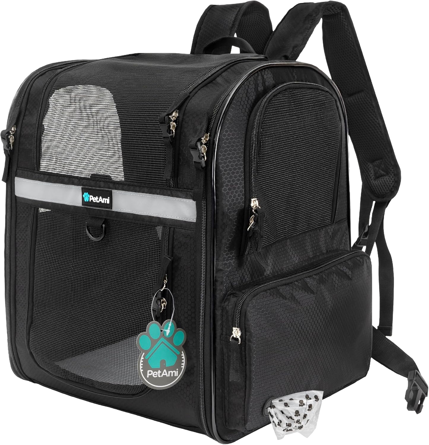 PetAmi Dog and  Cat Backpack Carrier for Cats, 4-Way Entry Ventilated, 18lbs Max | Sherpa Bed Included, Foldable Load-In Top, Safety Reflective Strap, Breathable Mesh, Poop Bag Dispenser, Padded Back Support