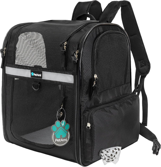 PetAmi Dog and  Cat Backpack Carrier for Cats, 4-Way Entry Ventilated, 18lbs Max | Sherpa Bed Included, Foldable Load-In Top, Safety Reflective Strap, Breathable Mesh, Poop Bag Dispenser, Padded Back Support