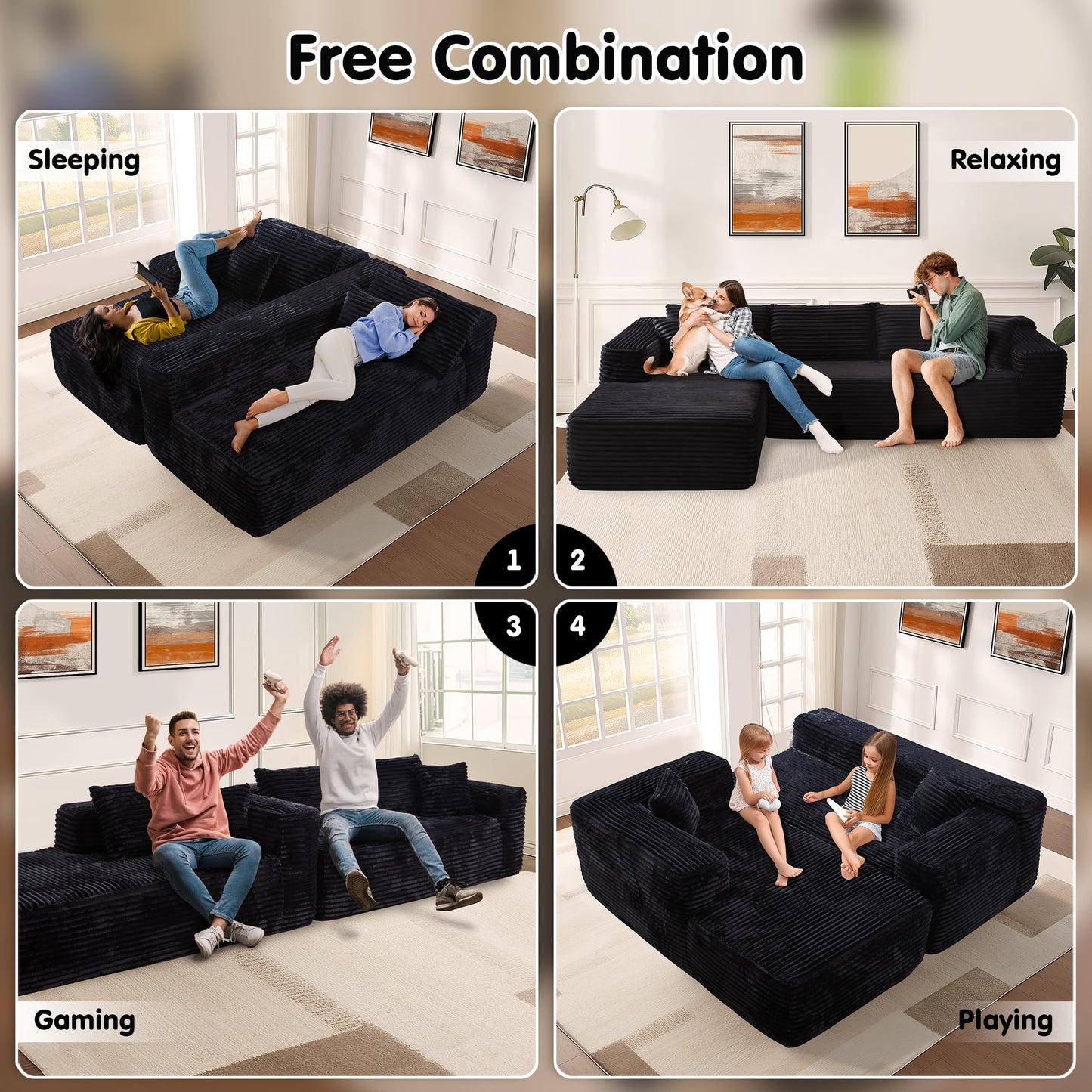 ovios 104" Cloud Sectional Couch with L-Shape Chaise,Modern Modular Sofa with Deep Seat, Upholstered Couches for Living Room Bedroom,No Assembly Required, Black (Corduroy Fabric)