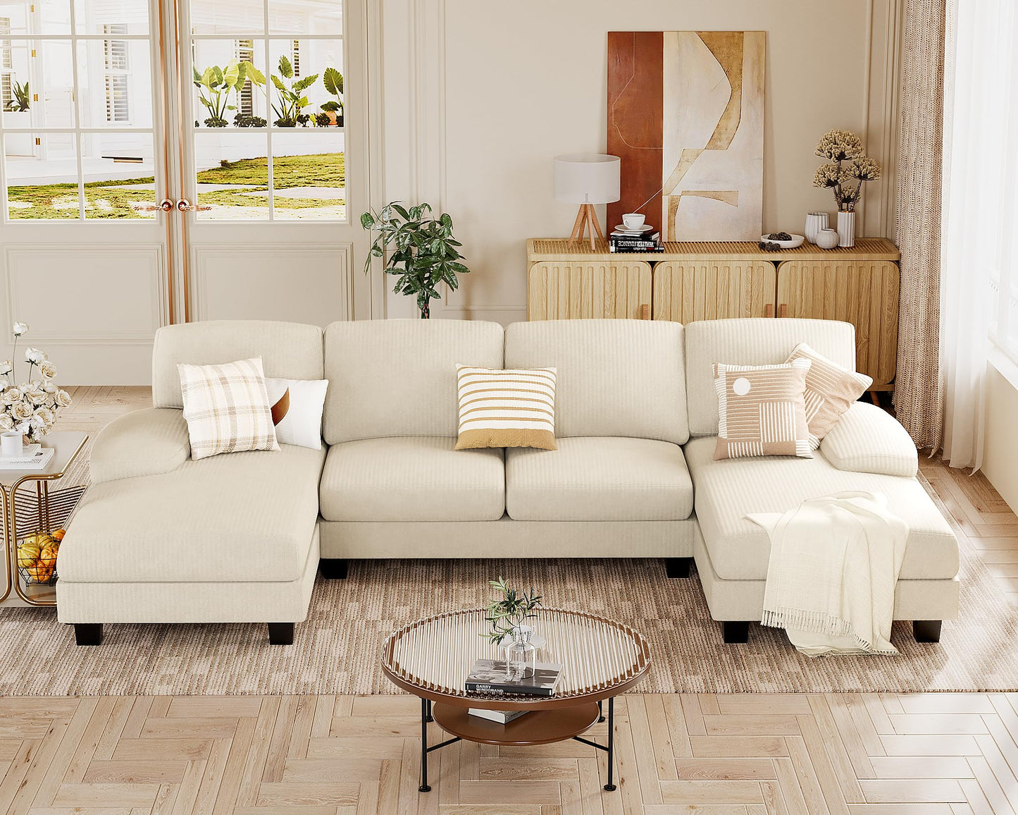 JUMMICO Sectional Couches for Living Room, U Shaped Couch with Chenille Fabric, 4 Seat Modern Sofa with Removable Pillows for Apartment and Small Space (Corduroy, Beige)