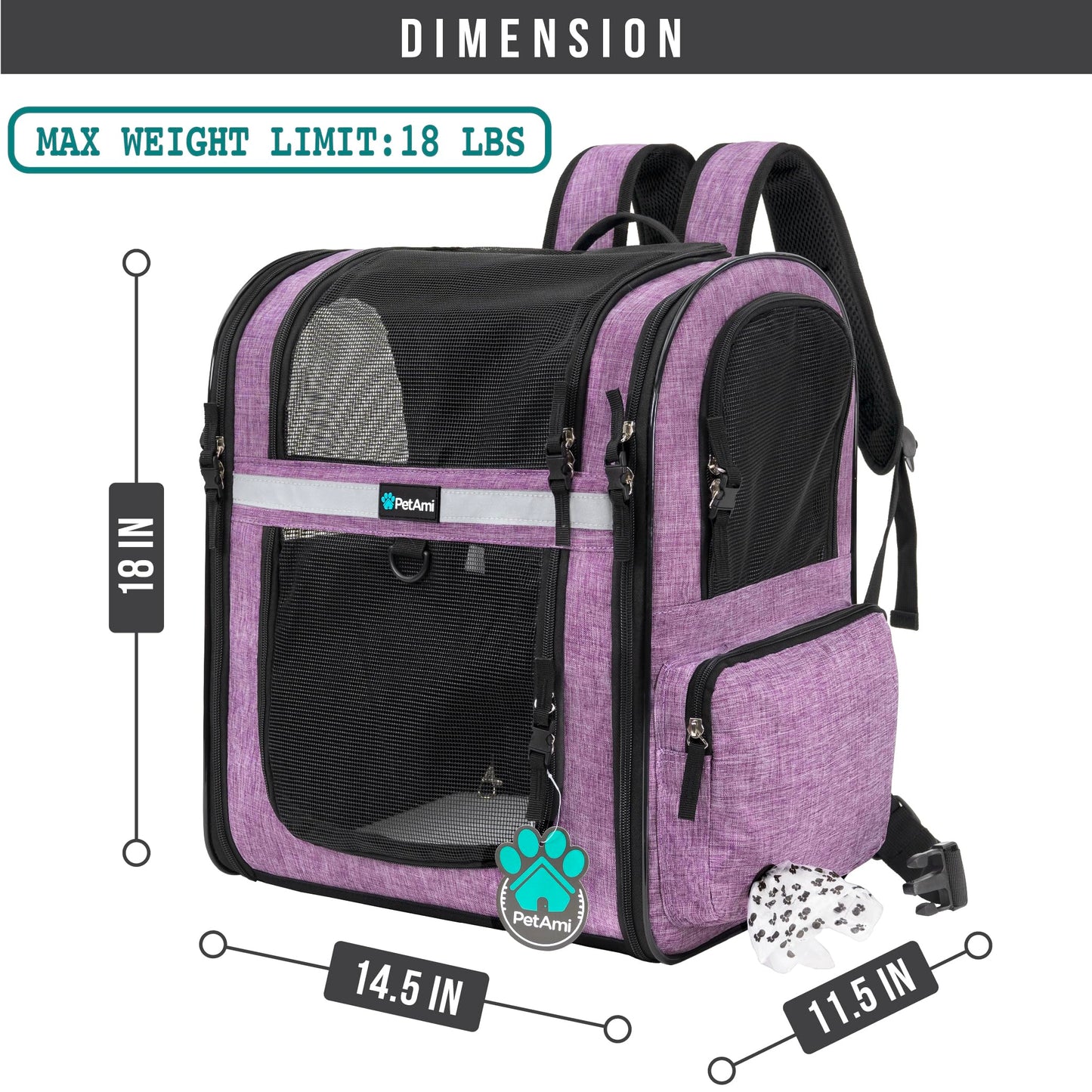 PetAmi Dog and  Cat Backpack Carrier for Cats, 4-Way Entry Ventilated, 18lbs Max | Sherpa Bed Included, Foldable Load-In Top, Safety Reflective Strap, Breathable Mesh, Poop Bag Dispenser, Padded Back Support
