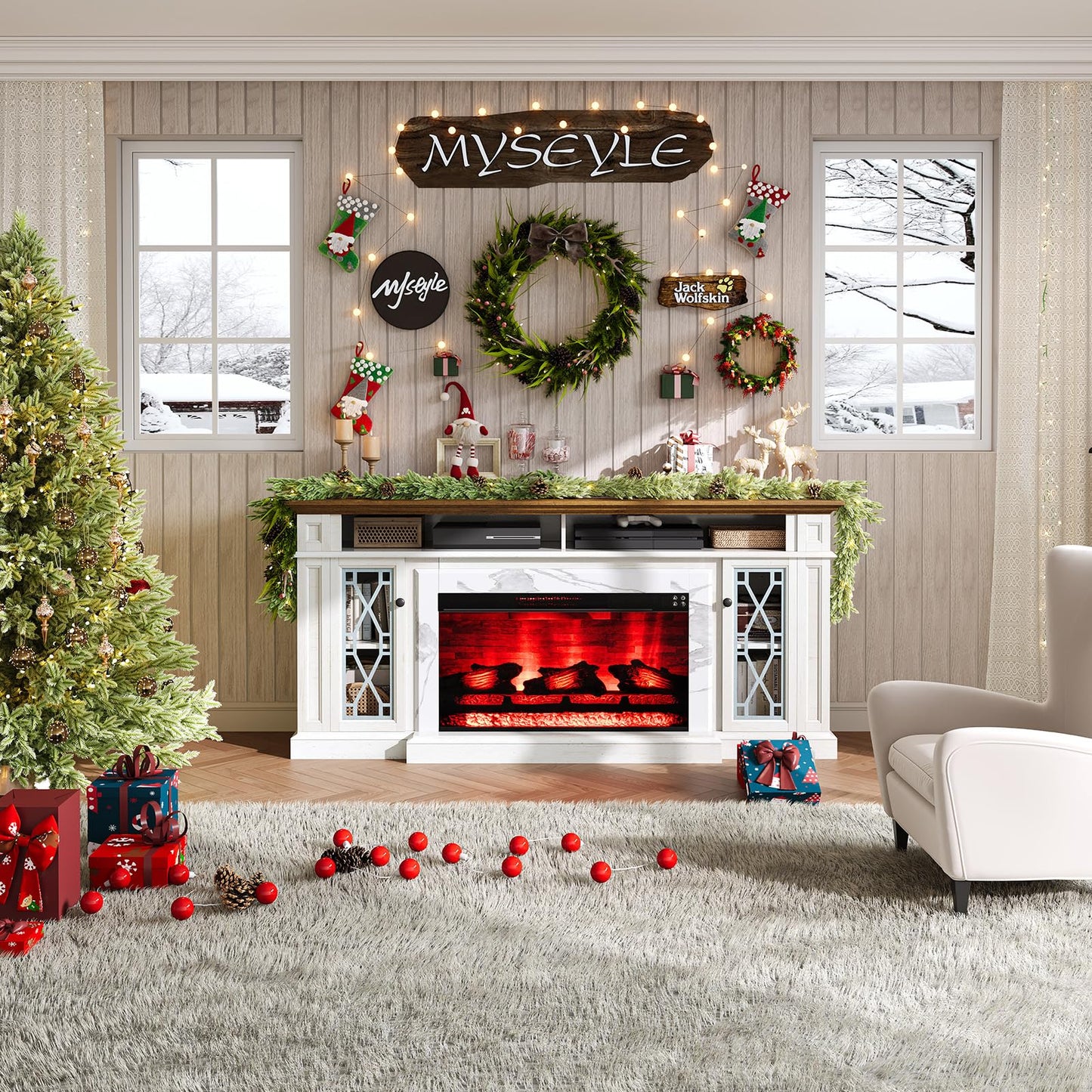 AMERLIFE 70" Farmhouse Heavy Fireplace TV Stand with 33" Electric Fireplace, for 80" TVs up, Media Entertainment Center with Diamond Door, TV Console Storage Cabinet for Living Room, White & Barnwood