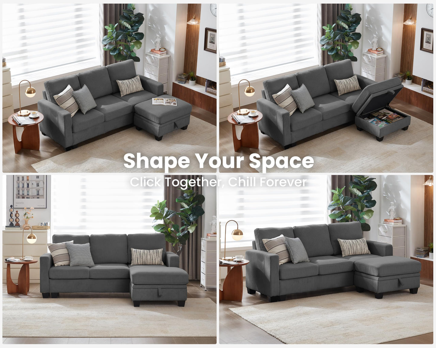 CHIC HOUSE Corduroy Modular Sectional Couch with Ottoman Chaise, L Shaped 4-seat Sofa for Living Room, Apartment, Lounge, Modern Armrest Neck Support Furniture