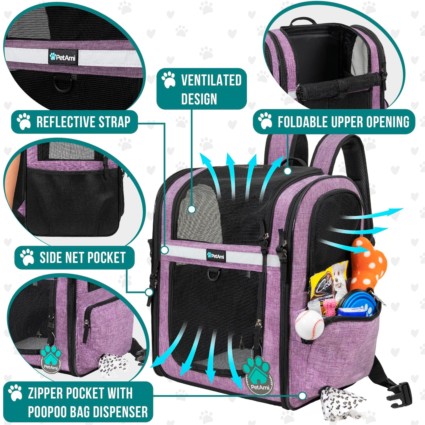 PetAmi Dog and  Cat Backpack Carrier for Cats, 4-Way Entry Ventilated, 18lbs Max | Sherpa Bed Included, Foldable Load-In Top, Safety Reflective Strap, Breathable Mesh, Poop Bag Dispenser, Padded Back Support