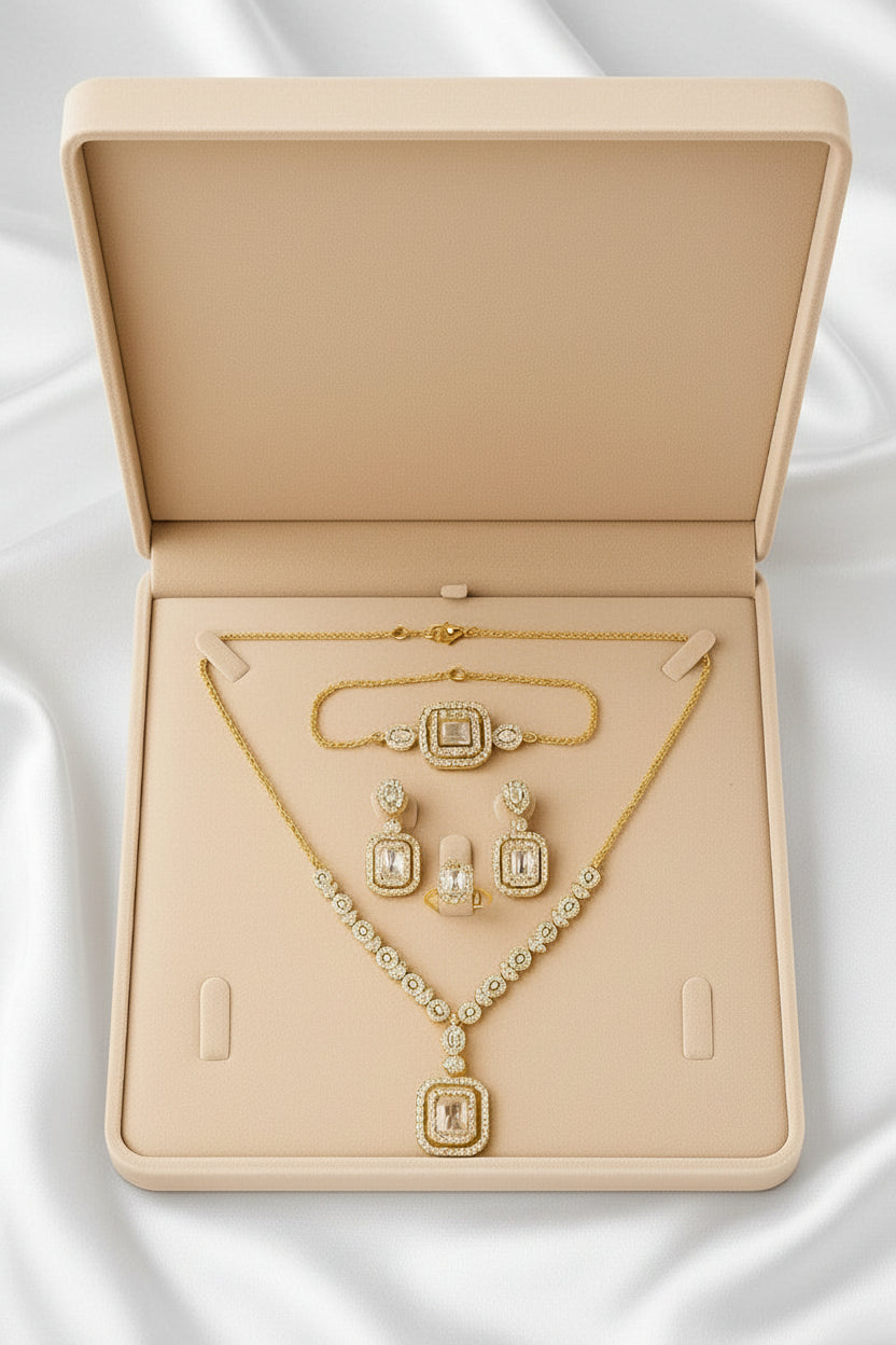 18 Karate Gold - Plated Exquisite Box Shape Jewelry Set