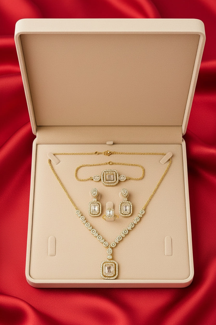 18 Karate Gold - Plated Exquisite Box Shape Jewelry Set