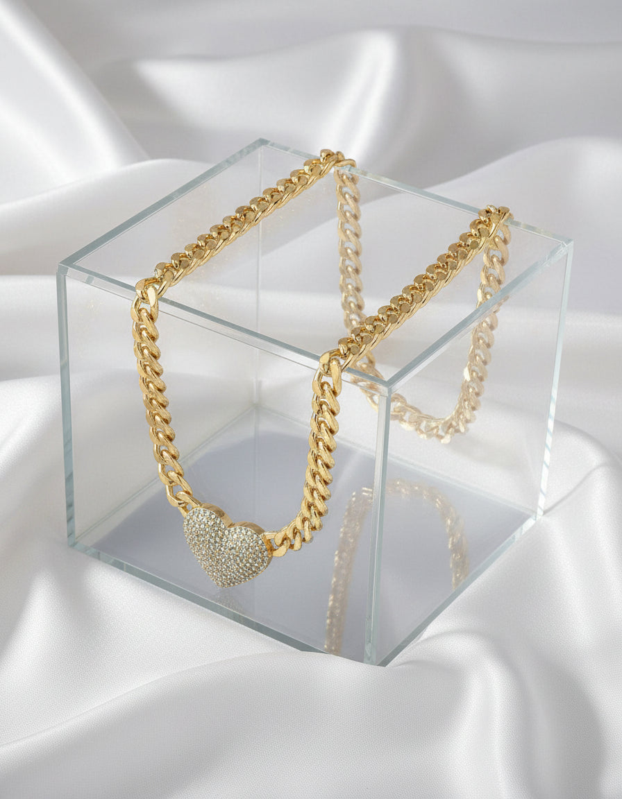 18 Karate Gold - Plated Cuban Link Chain with a Heart Shaped Center Piece Pendant