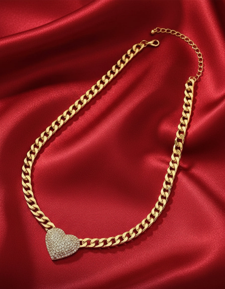 18 Karate Gold - Plated Cuban Link Chain with a Heart Shaped Center Piece Pendant