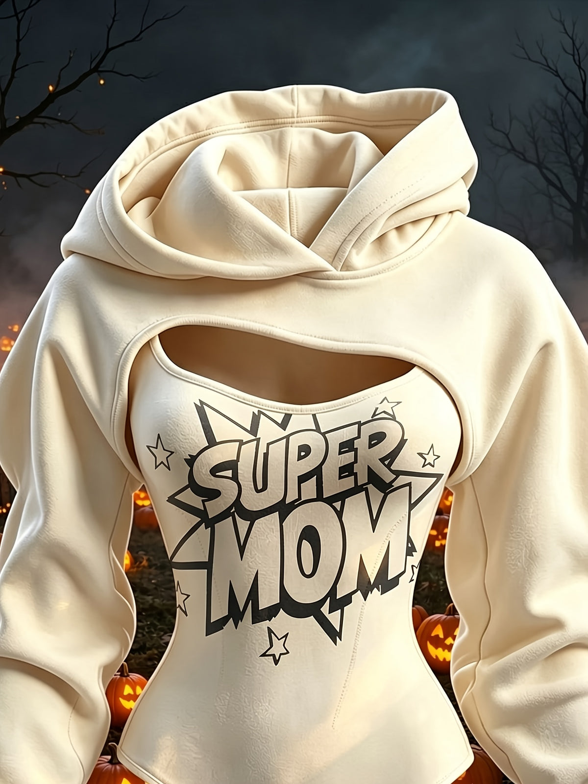 2026 Women'S Typography Graphic Print Hooded Two Piece Look Bodysuit, Long Sleeve Cutout Slim Fit, Playful Graphic Casual Style for Parties And Everyday Wear, Fall And Winter