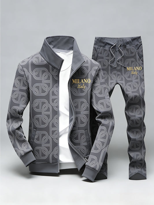 Men'S Two-Piece Casual Sportswear | Comfortable Zipper Jacket and Casual Sports Pants with Classic Geometric Pattern, Full of Fashion Sense | Perfect for Fall/Winter, Suitable for Halloween, Christmas, Thanksgiving, Valentine'S Day, and Gifts