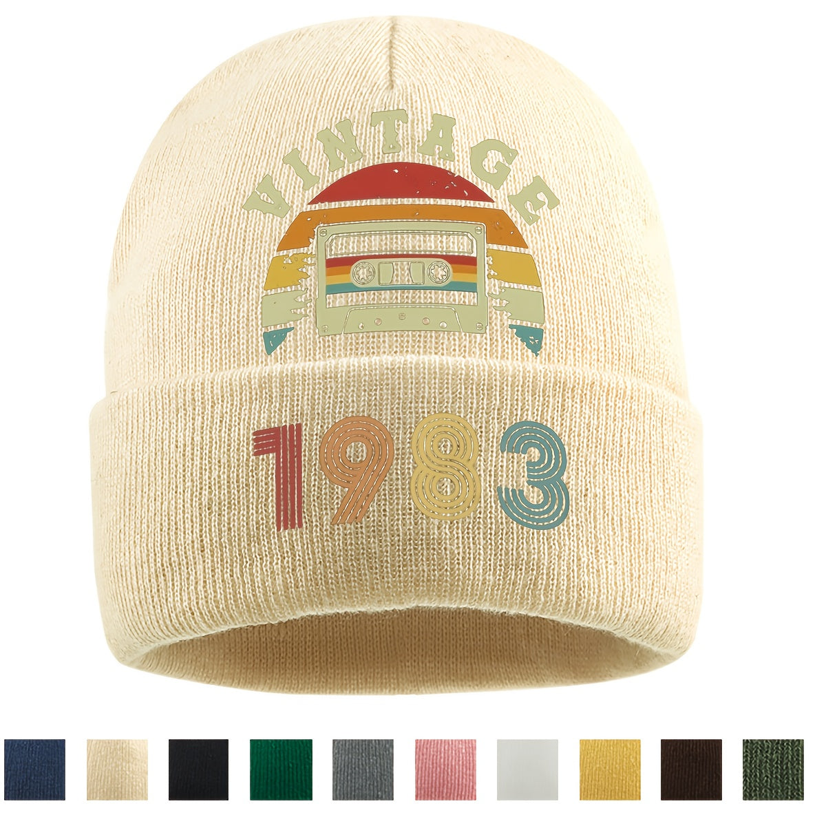 Unisex 1983 Vintage Cassette Beanie Hat with Rainbow Print