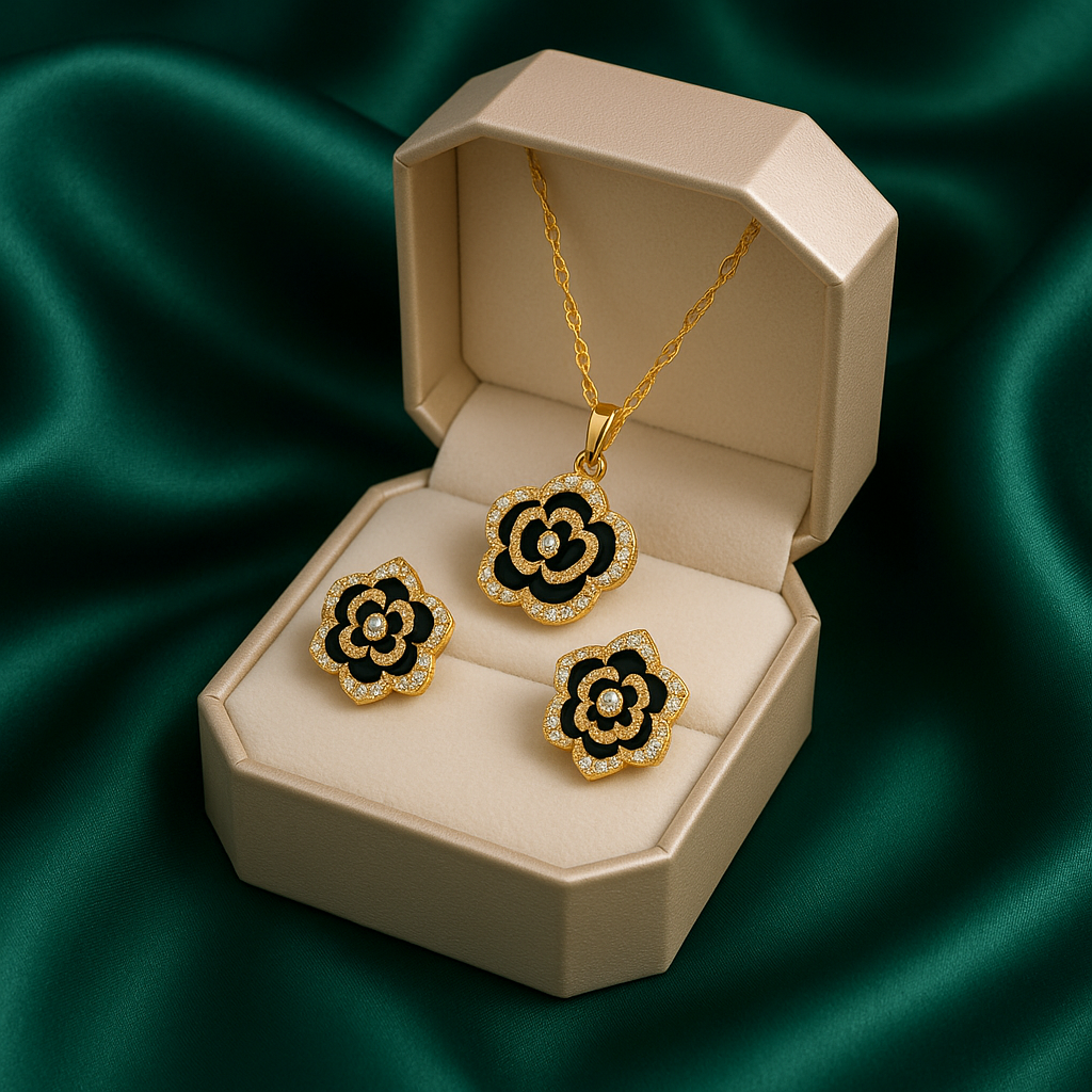 18 Karate Gold - Plated Flower Jewelry Set with a Green Tone Incorporated Color
