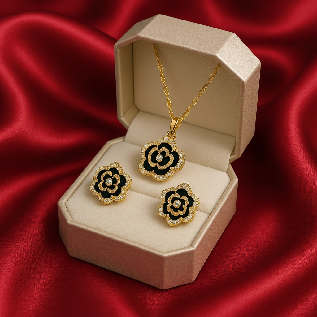 18 Karate Gold - Plated Flower Jewelry Set with a Green Tone Incorporated Color