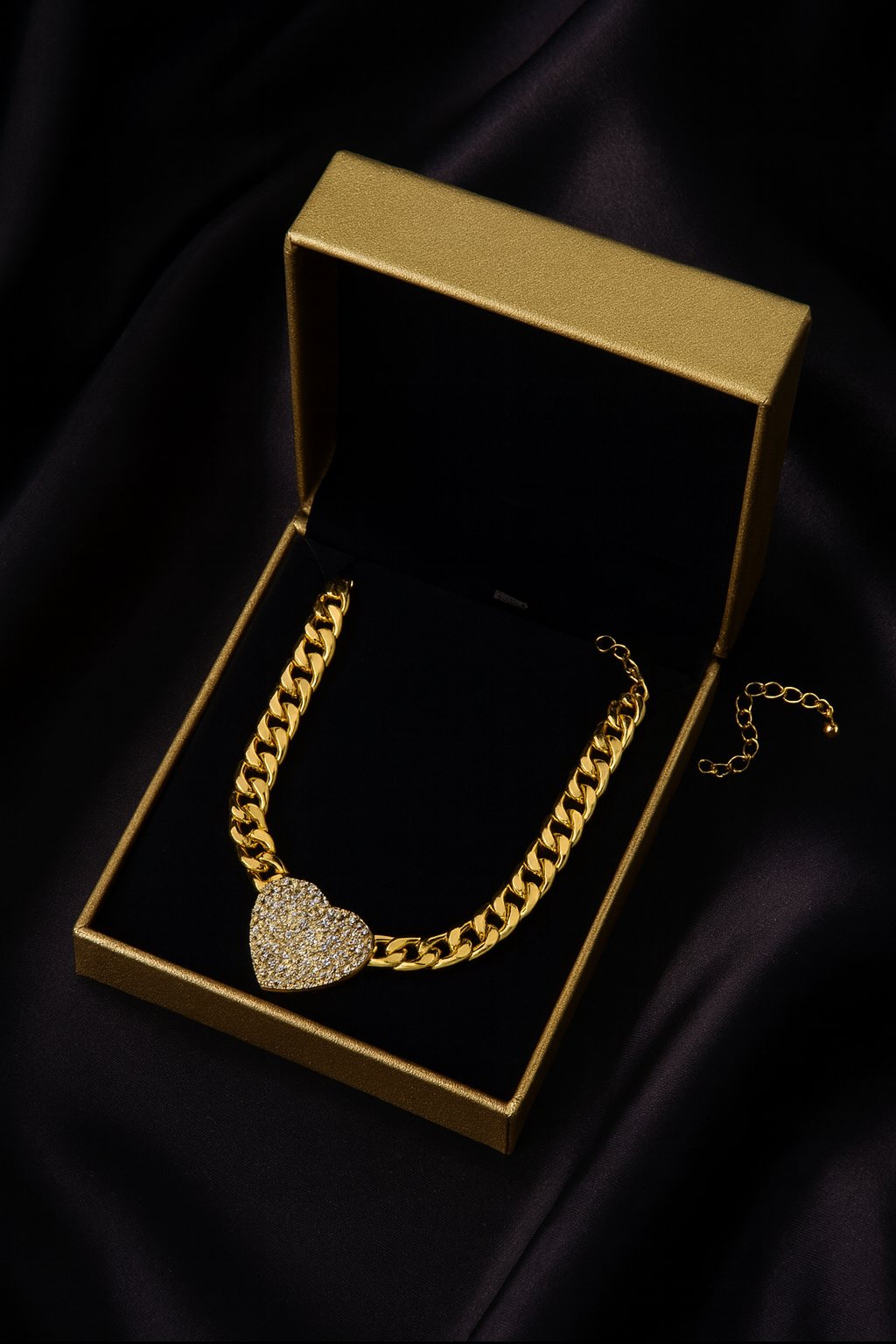 18 Karate Gold - Plated Cuban Link Chain with a Heart Shaped Center Piece Pendant