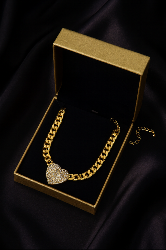 18 Karate Gold - Plated Cuban Link Chain with a Heart Shaped Center Piece Pendant