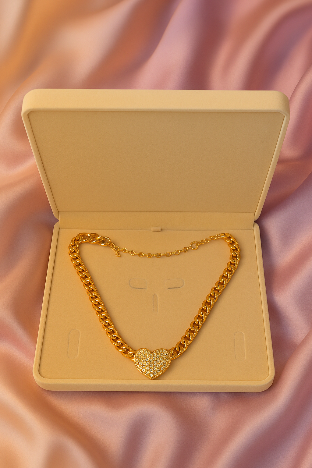 18 Karate Gold - Plated Cuban Link Chain with a Heart Shaped Center Piece Pendant