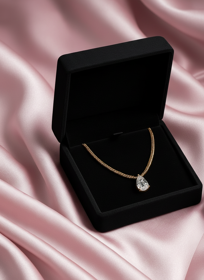 18 Karate Gold - Plated Rope Chain with a Dazzling Teardrop Shaped Center Piece